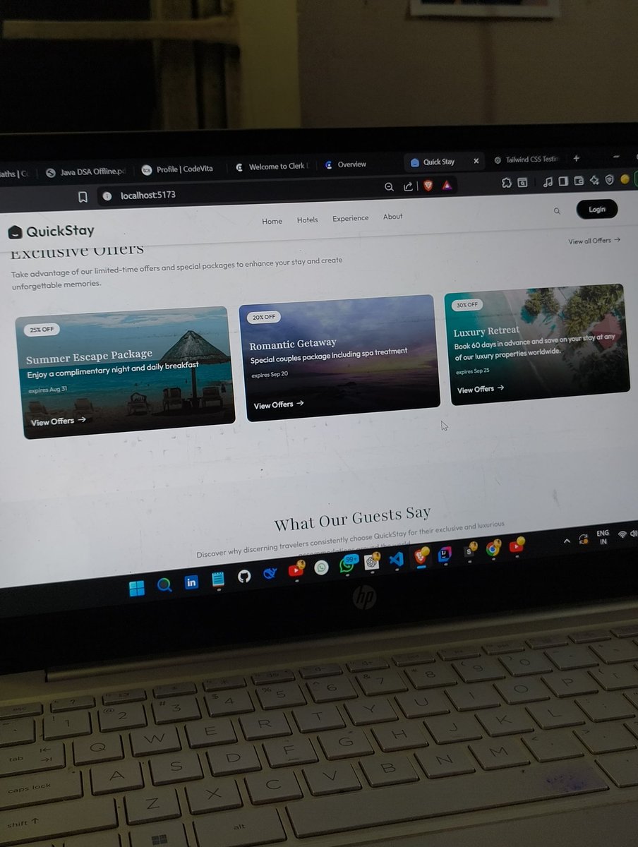 📅 QuickStay – Daily Progress Update
Here's what I built today:
✅ Exclusive Offers section
✅ Guest Testimonials layout
✅ Reusable components setup in React

Small steps, steady progress.
Stay tuned for more updates 🚀

#BuildInPublic #ReactJS #WebDev #FrontendDevelopment