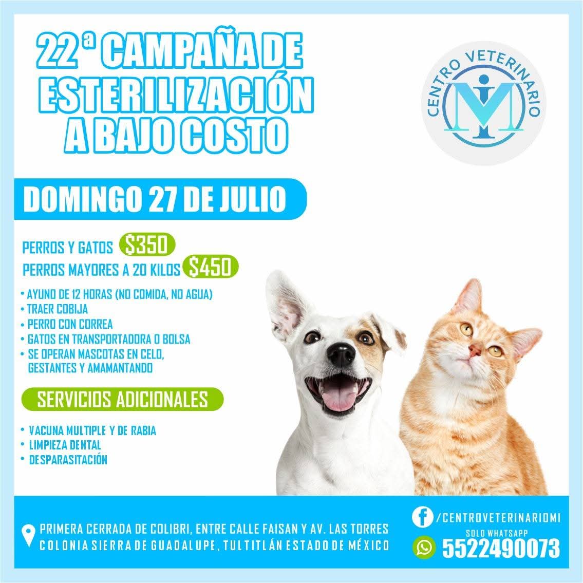 ¡Atención #Tultitlán!

Mañana 27 de julio hay campaña de esterilización de bajo costo. También habrá servicios de vacunación, desparasitación y limpieza dental.

Es necesario hacer cita. Toda la info 👇🏻