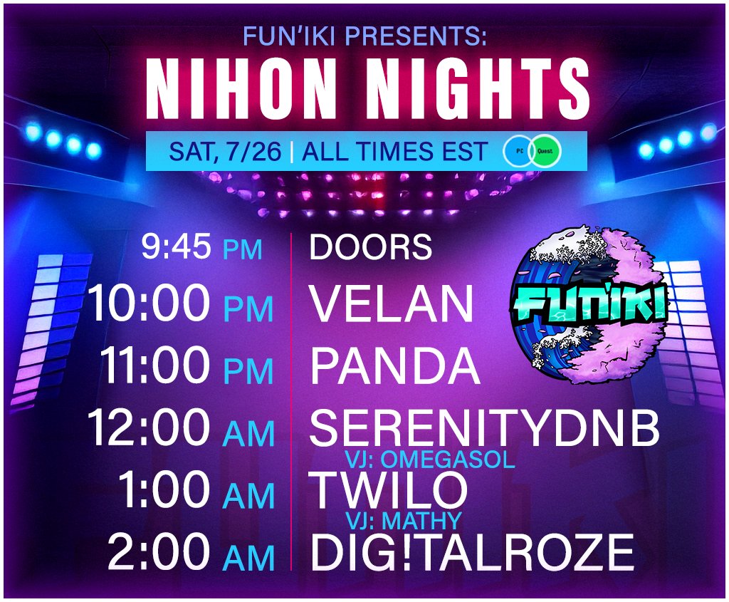 FunikiGroup's tweet image. Event: Nihon Nights
Date: 7/26 @ 10pmEST
Location: Funiki Club - @VRUnderground Oasis 2.0
Dancer/Streamhost: @Meowmiess
Poster By: @atomicVRC & @kevkushhh