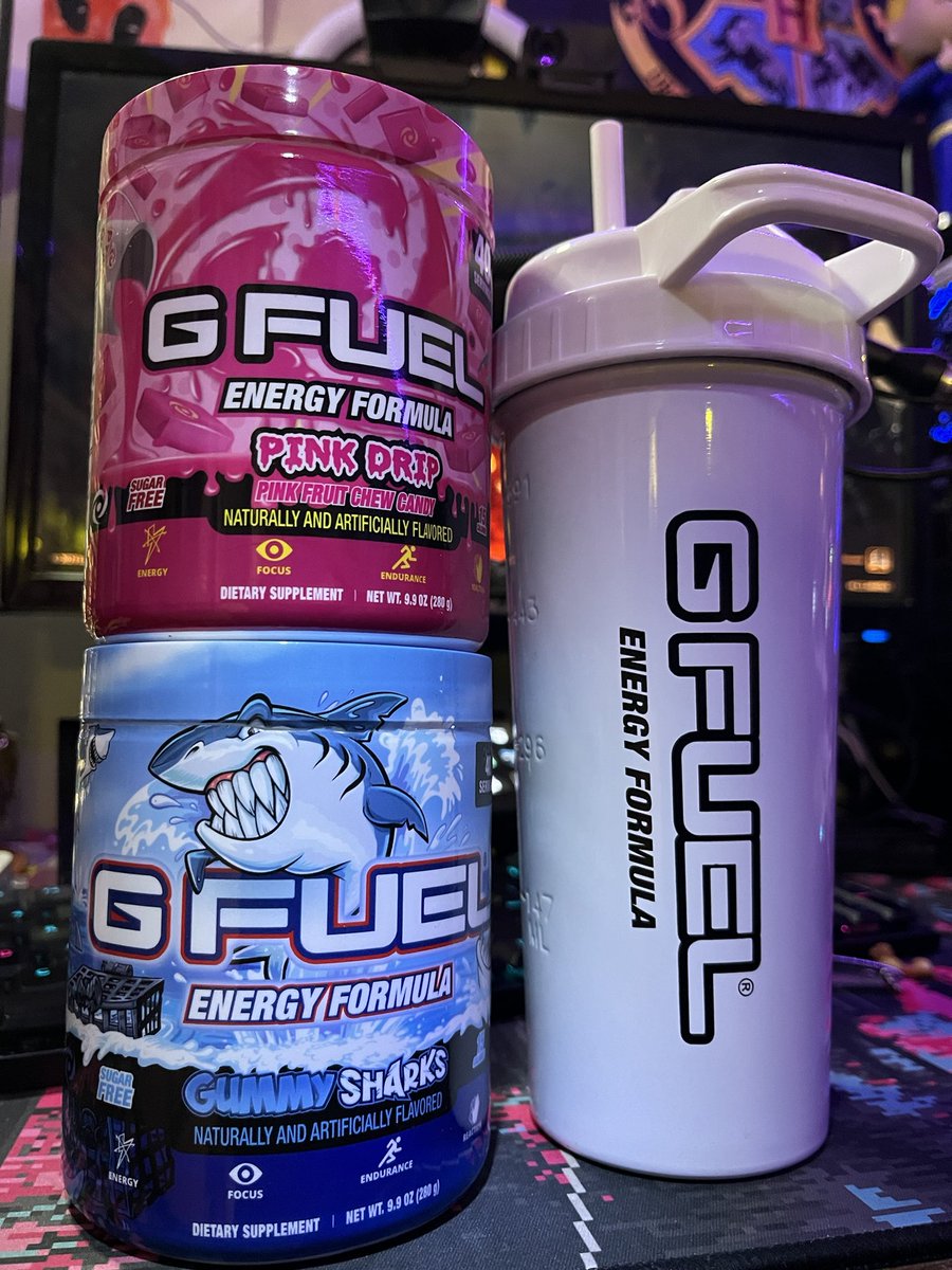 iamthecrux's tweet image. Chilling, playing some @baldursgate3 and waiting for IT tickets to come in. Feeling adventurous so I took to the lab and concocted greatness. I present: Pink Sharks!
Yummy gummy goodness mixed with that ever-so-recognizable sweet pink chewy candy is just 🤌
#GFUEL