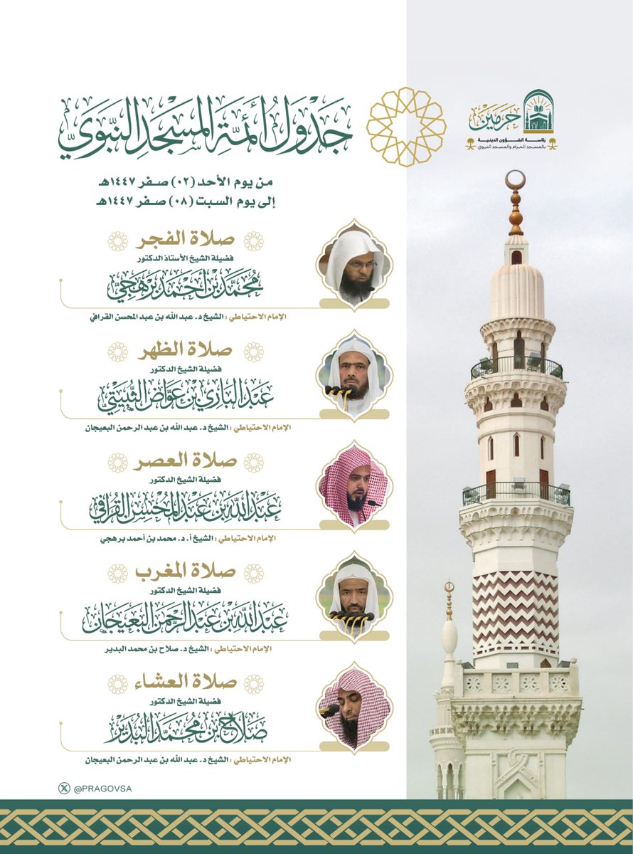 HaramainInfo's tweet image. Imaams and Muadhins Schedule at Masjid An Nabawi