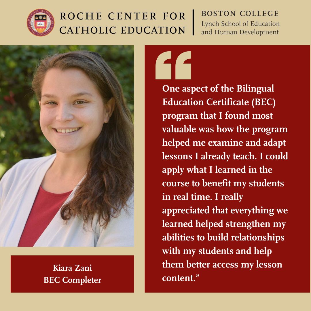 RocheCenter's tweet image. Did you know that the Roche Center facilitates a cohort of the Bilingual Education Certificate (BEC) for Catholic school educators?

We are proud to spotlight a recent BEC completer — Kiara Zani. Congratulations!