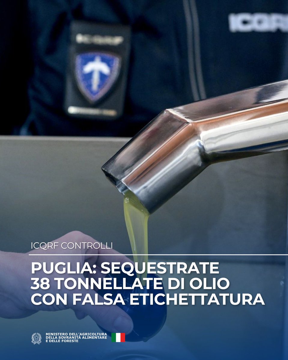 SocialMasaf's tweet image. Sequestrate 38 tonnellate di olio falso in Puglia. Olio spacciato per extravergine e biologico, ma in realtà composto da miscele di semi e prodotti di categoria inferiore, è stato utilizzato tra il 2023 e il 2024 nelle mense scolastiche e nei centri anziani.