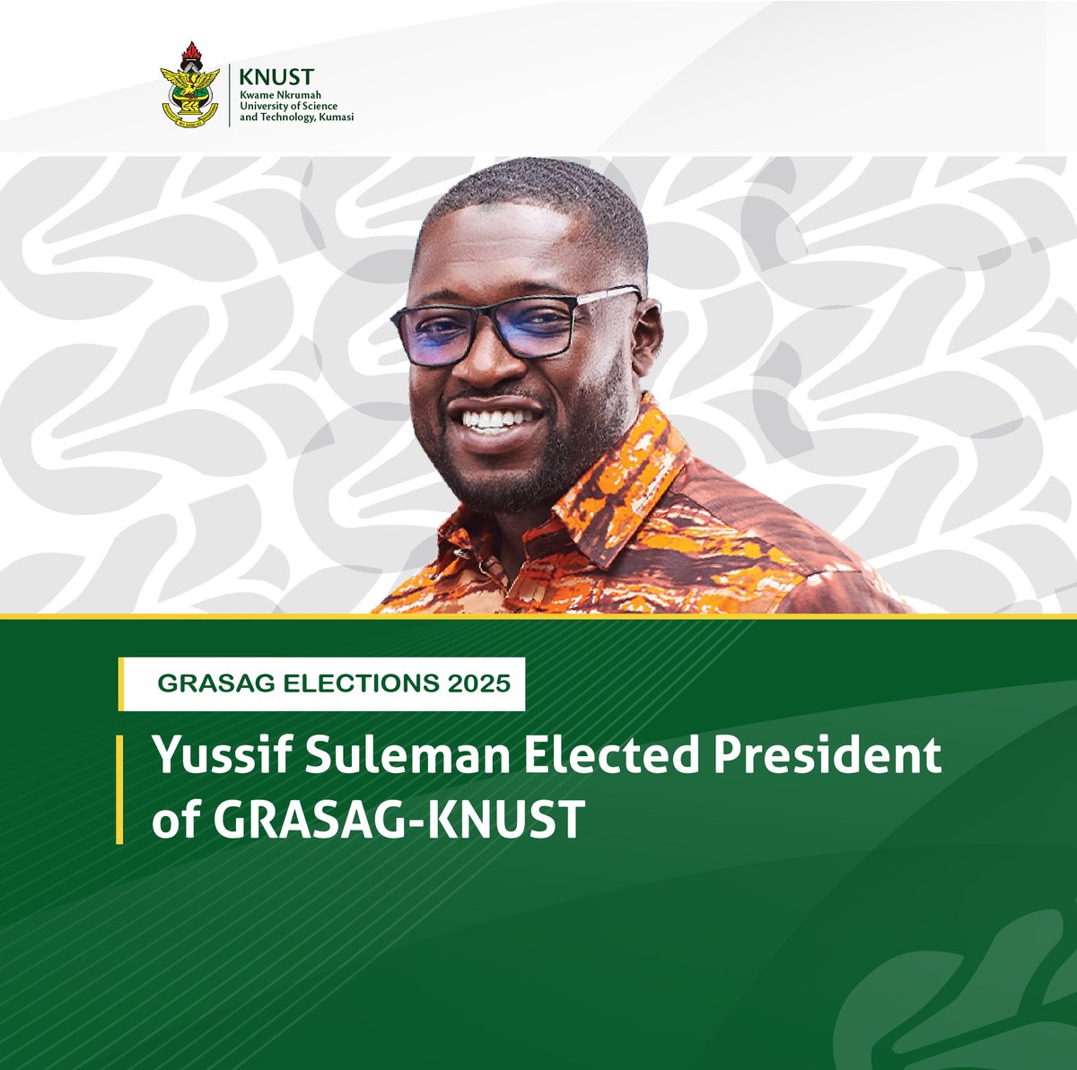 KNUSTGH's tweet image. Yussif Suleman has been elected President of @grasag_knust His victory came after a successful elections held on campus Friday and Saturday.
Learn more here⬇️
knust.edu.gh/news/news-item…