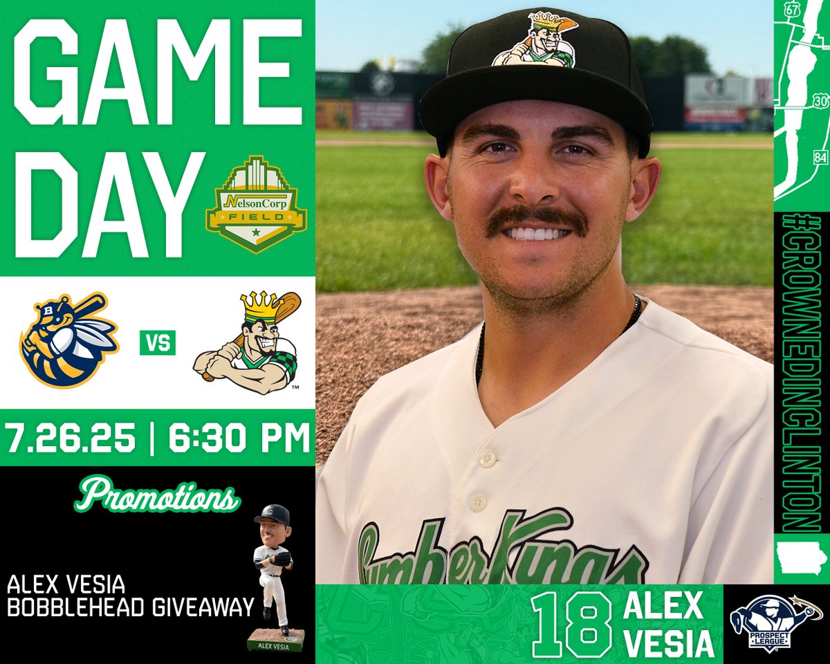 LumberKings's tweet image. It's the day you all have been waiting for! The @Alex_Vesia Bobblehead giveaway is tonight! More details on the giveaway will be posted shortly!
GAME INFO:
🕡: 6:30 P.M.
🆚: Burlington Bees 🐝
📍: Clinton, IA
📻: 100.3 WCCI-FM
📺: prospectleaguenetwork.com
#CrownedInClinton