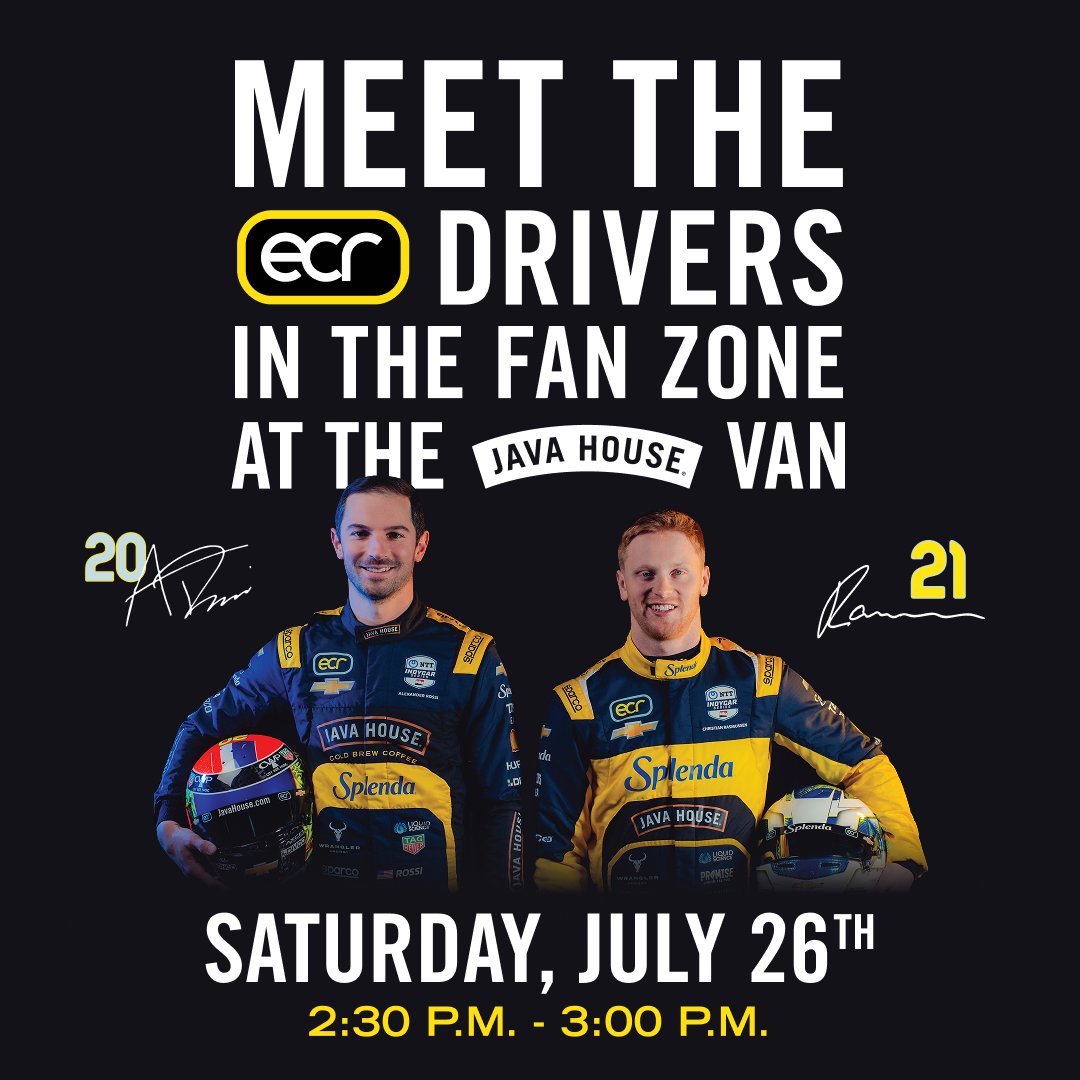 ECRIndy's tweet image. What's the Java House Grand Prix of Monterey without meeting the Java House drivers? Now is your chance! Meet Alexander Rossi and Christian Rasmussen TODAY from 2:30-3:00 p.m. while trying out a selection of Peel and Pour pods at the Java House Van in the Fan Zone ☕
#AR20 |…