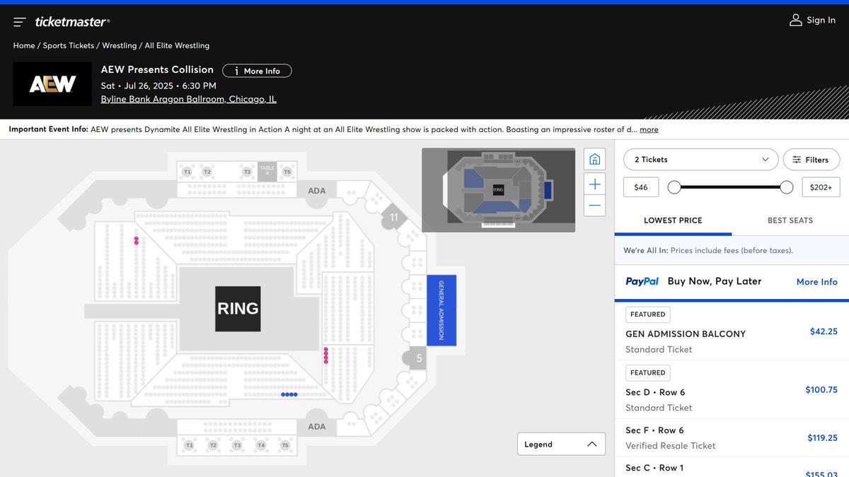 AEWTicketMap's tweet image. It's Saturday and AEW are back in Chicago for Collision #2 of the residency
4 Face-Value and 6 Re-Sale remaining