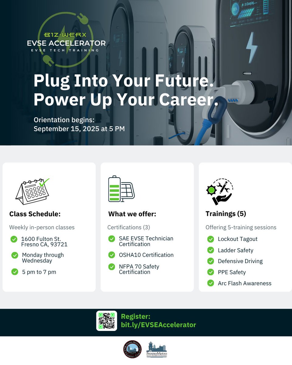 Ready to launch your career in EV technology?

The Biz-Werx EVSE Accelerator by Fresno Metro Black Chamber of Commerce starts September 15th!

🔗 Register today: bit.ly/EVSEAccelerator