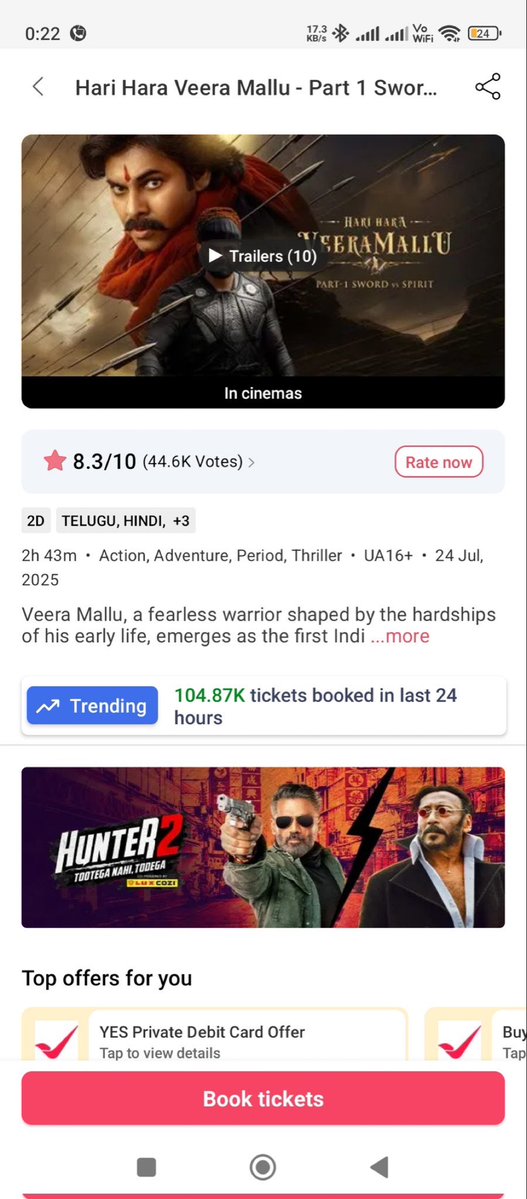 SupremePSPK's tweet image. Over 100K+ tickets sold on BookMyShow in the last 24 hours - Day 3 

Day 3 &amp;gt; Day 2

#BlockBusterHHVM #HariHaraVeeraMallu