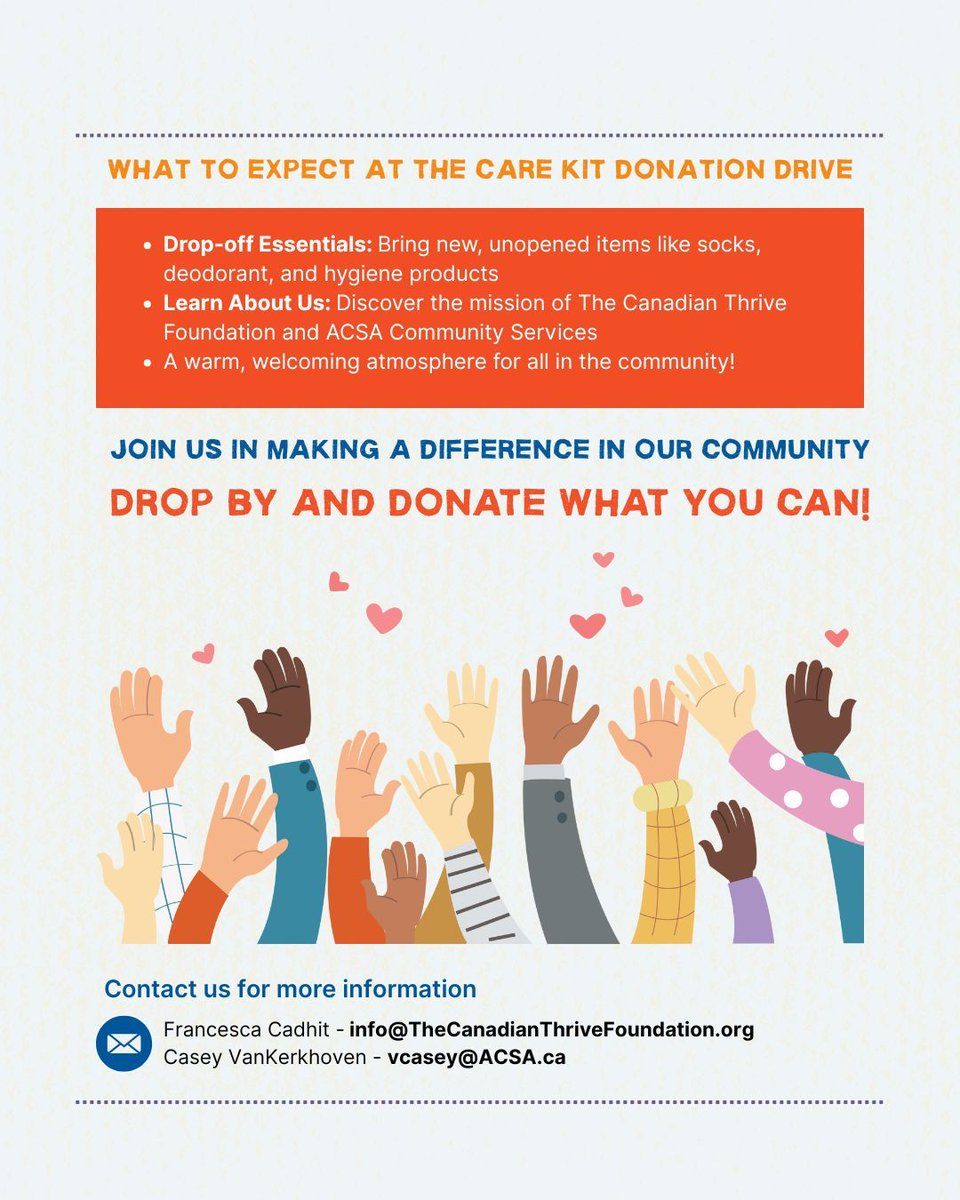 Join us for a CARE KIT DONATION DRIVE! 🧦

Donate unused essential items to create care kits for families facing housing insecurity in Toronto 🫂

🗓️August 13, 2025: 11AM - 2PM
📍4155 Sheppard Ave, Toronto, ON

For more info, email info@TheCanadianThriveFoundation.org 
#ScarbTO