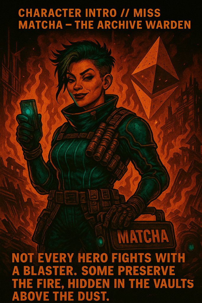 GasBoyOfficial's tweet image. CHARACTER INTRO // MISS MATCHA — THE ARCHIVE WARDEN

Not every hero fights with a blaster.

Some preserve the fire, hidden in the vaults above the dust.

🧬 Meet Miss Matcha — former circuit-savant, now guardian of Sky Vault 17.
An old friend of Eldred Vance. A survivor of the…