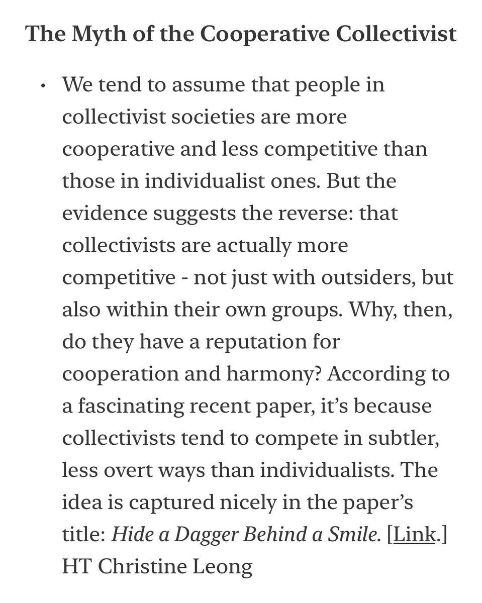 Contrary to popular belief, collectivists are more competitive than individualists, not less.

[Link below.]