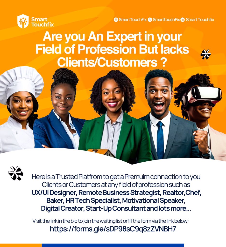 SmarttouchFix's tweet image. Smart Touchfix connects professionals with clients/customers across various fields. If you&apos;re an expert lacking clients, this platform offers a &quot;Premium connection&quot; to boost your business. Join the waiting list via the link: forms.gle/sDP98sC9q8zZVN…
