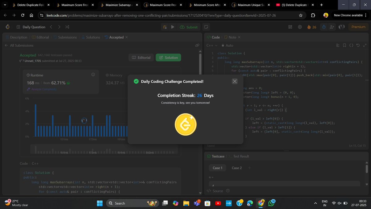 anonymous_mee17's tweet image. 🔥 Daily Coding Challenge: Streak Day 26!
26 days of solving, learning, and not letting the streak break
LeetCode ✅ | Mindset 💯 | Next stop: 30 🔜
#LeetCode #CodingStreak #100DaysOfCode #DSA #ProblemSolving #Cpp