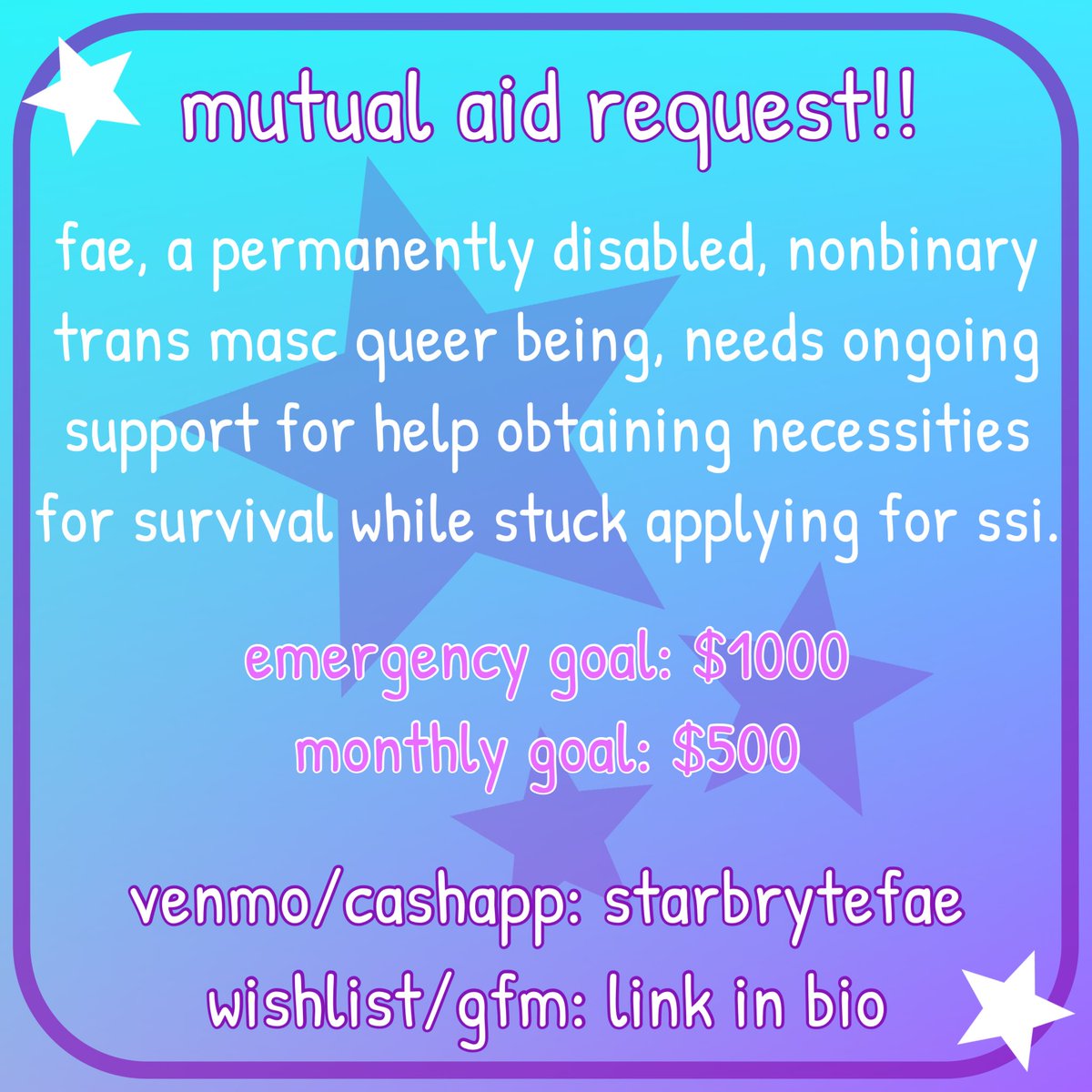 starbrytefae's tweet image. #MutualAidRequest #HelpFolksLive2025
thanks to a d0no yesterday im at $15/$100 b4 july 31st to cover rent+i still need help with the $1000 emergency goal for necessities. pls help if you can, my survival depends on it. tysm 💙
v*nmo/c*shapp: starbrytefae
gfm/w*shl*st: 🔗 in bio