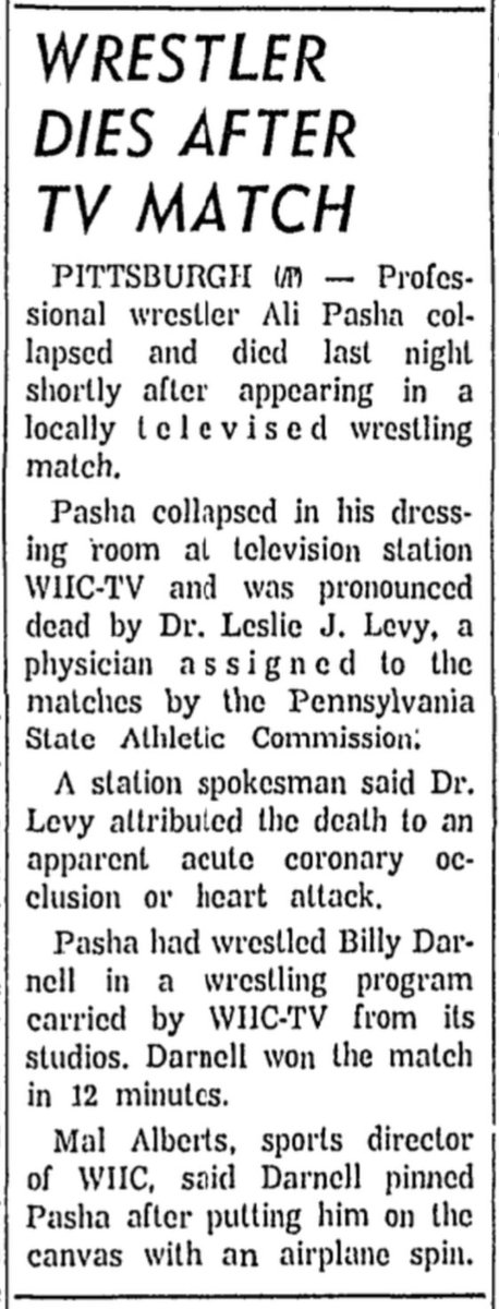 cory_m_santos's tweet image. Wrestler Ali Pasha dies in the dressing room of WIIC-TV (now WPXI) studios in Pittsburgh, PA on Saturday May 20, 1961.
Born Alex Fontes, he had debuted in 1938 and also worked under his real name and as Zim Zam Zum.