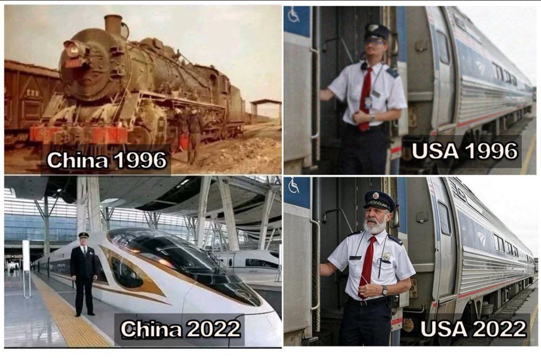 Honza4746's tweet image. ‼️🇨🇳🇺🇲 Trochu o tom, kdo se za 25 let rozvinul a kdo zůstal stát na místě.
Ti samí strojvedoucí vlaků v roce 1996 a v roce 2022. Čína a USA.