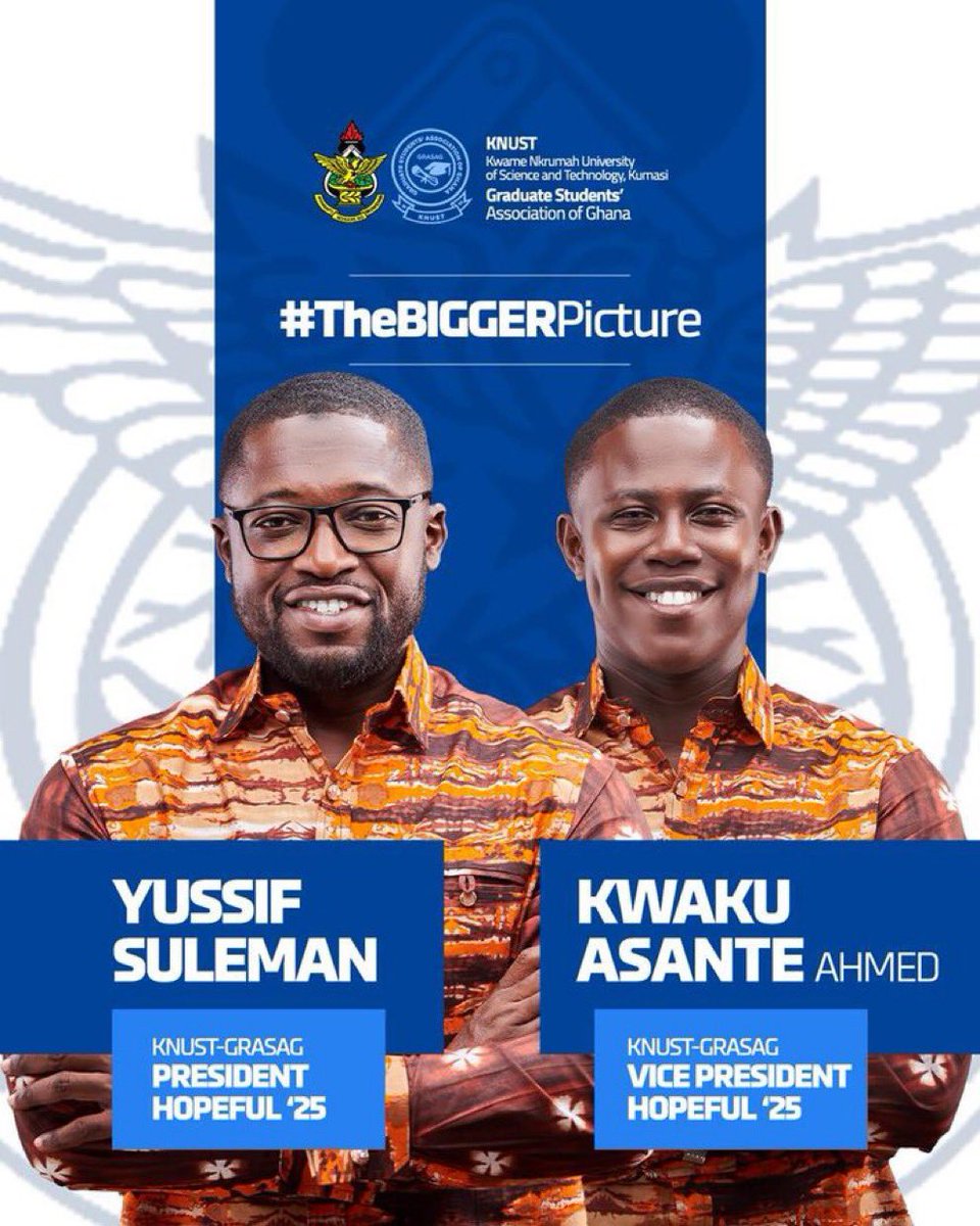 theknustgazette's tweet image. โผ๏ธAn Official Information โผ๏ธ
Yussif Suleman and Kwaku Asante Ahmed have officially been declared GRASAG President and Vice President-elect for the 2025/26 academic year. The mandate is clear,leadership has spoken.
#KnustDecides25
#ElectionHQ
#TheKnustGazetteReport