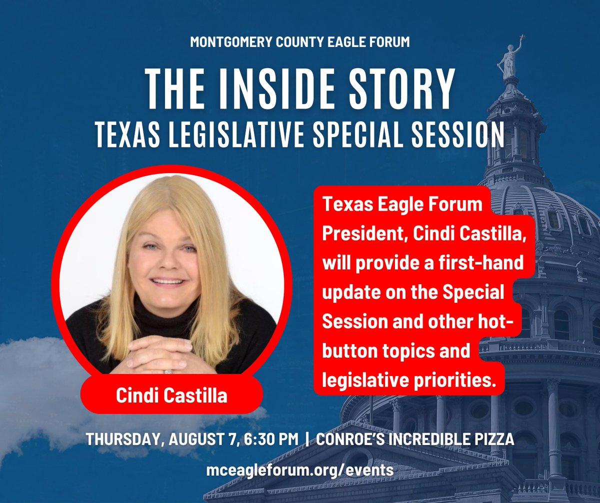 MCEagleForum's tweet image. We are so excited to welcome @TexasEF President, Cindi Castilla, to our August meeting! 

Cindi will be coming straight from the Legislative Special Session in Austin where she’s fighting on our behalf for Conservative values and Eagle Forum legislative priorities.

Cindi will…