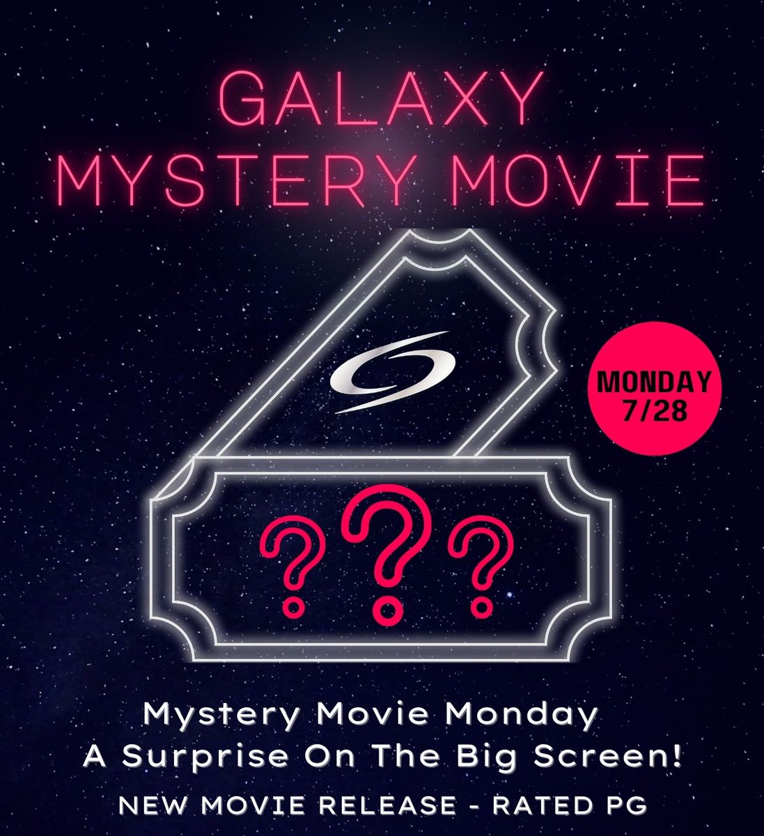 The wait is almost over... Our next #GalaxyMysteryMovie is THIS Monday, 7/28! Grab the family and experience this delightful surprise together. 🩷🍿

🕖: 7:00 PM
🎟️: Only $5
🎥: Rated PG

🎟️:galaxytheatres.com/movie/GALAXY-M…