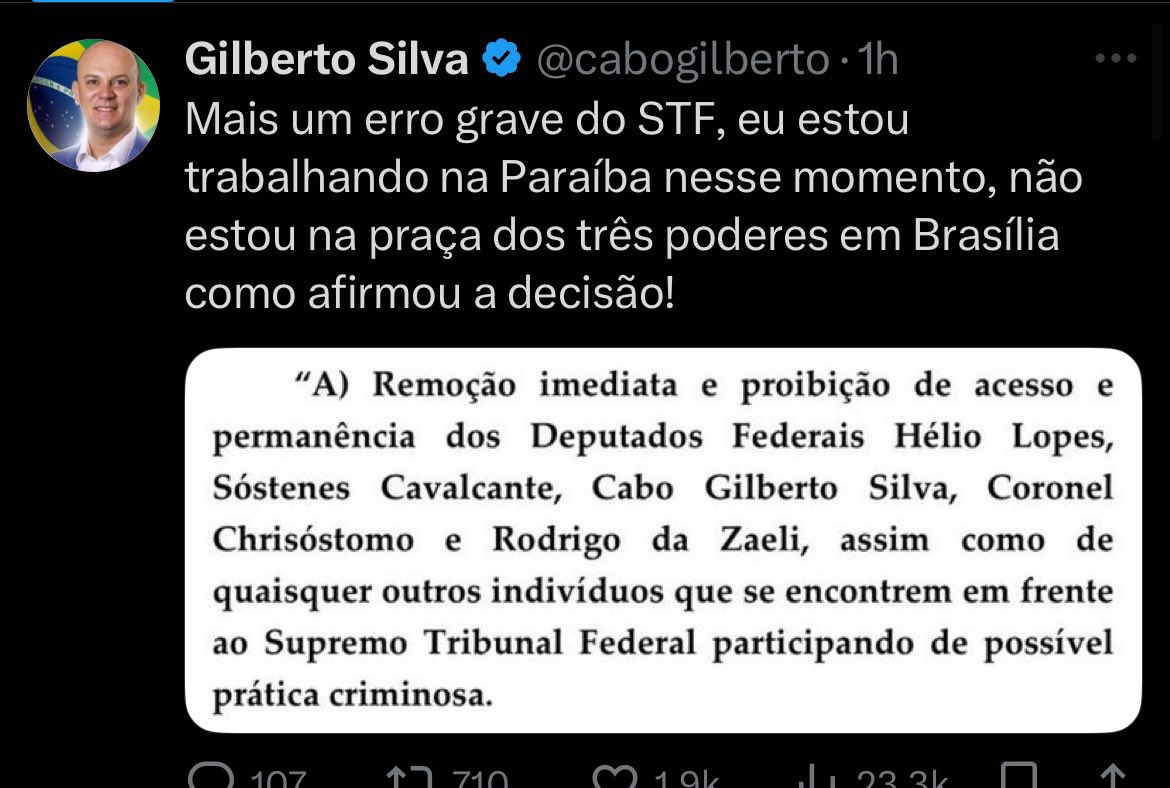 ismaelsousa's tweet image. Moraes ordenou a retirada imediata da Praça dos Três Poderes, em Brasília, de um deputado que se encontra na Paraíba.