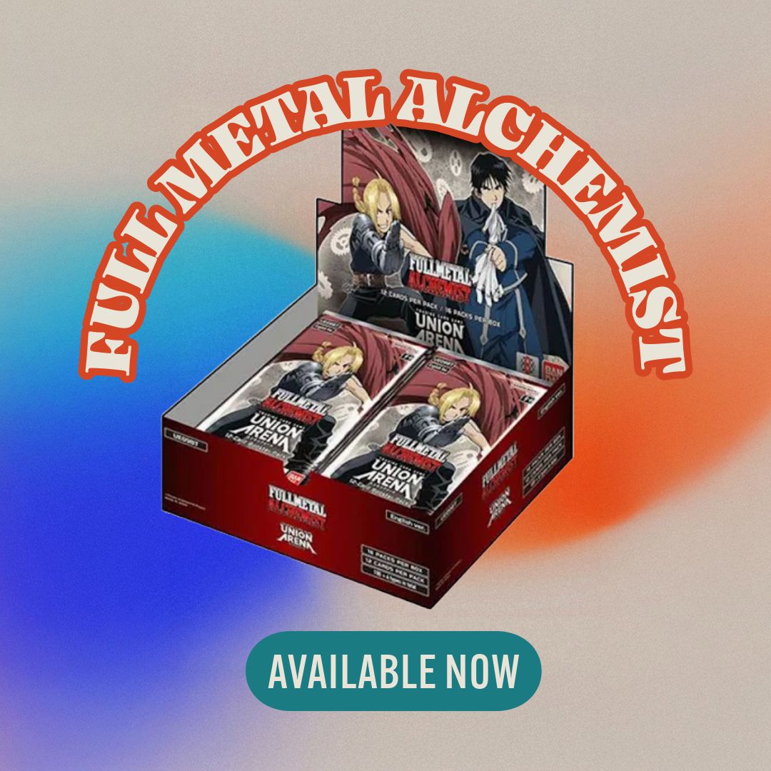 A new challenger enters the arena! Join us in welcoming Full Metal Alchemist to the Union Arena IP! Play this new up and coming game with friends between rounds or make it your one and only, with your favorite anime themed deck.