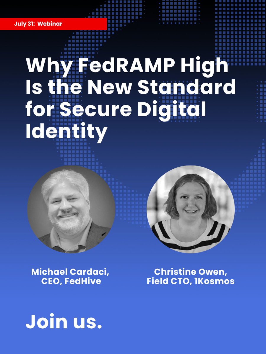 1KosmosBlockID's tweet image. Join Christine Owen (Field CTO, 1Kosmos) and Michael Cardaci (CEO, FedHIVE) for a Carahsoft-hosted, CPE-eligible webinar on how to operationalize cloud security and identity at the highest level.

 Register today:  carahevents.carahsoft.com/Event/Details/…
