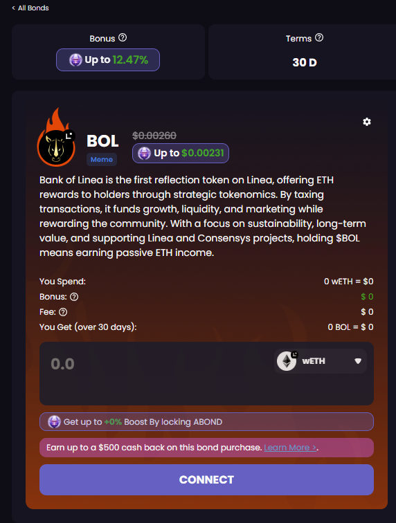 <a href="/BankOfLinea/">Bank Of Linea - 🦏</a>  Has distributed 5 $ETH to its holders in just 66 days. 

You can buy $BOL with a discount &amp; without buying-fees on <a href="/ApeBond/">ApeBond</a>! 

ape.bond/bonds?bondAddr…

Chart
dexscreener.com/linea/0x6de1c7…
App
bankoflinea.build/app

$Linea