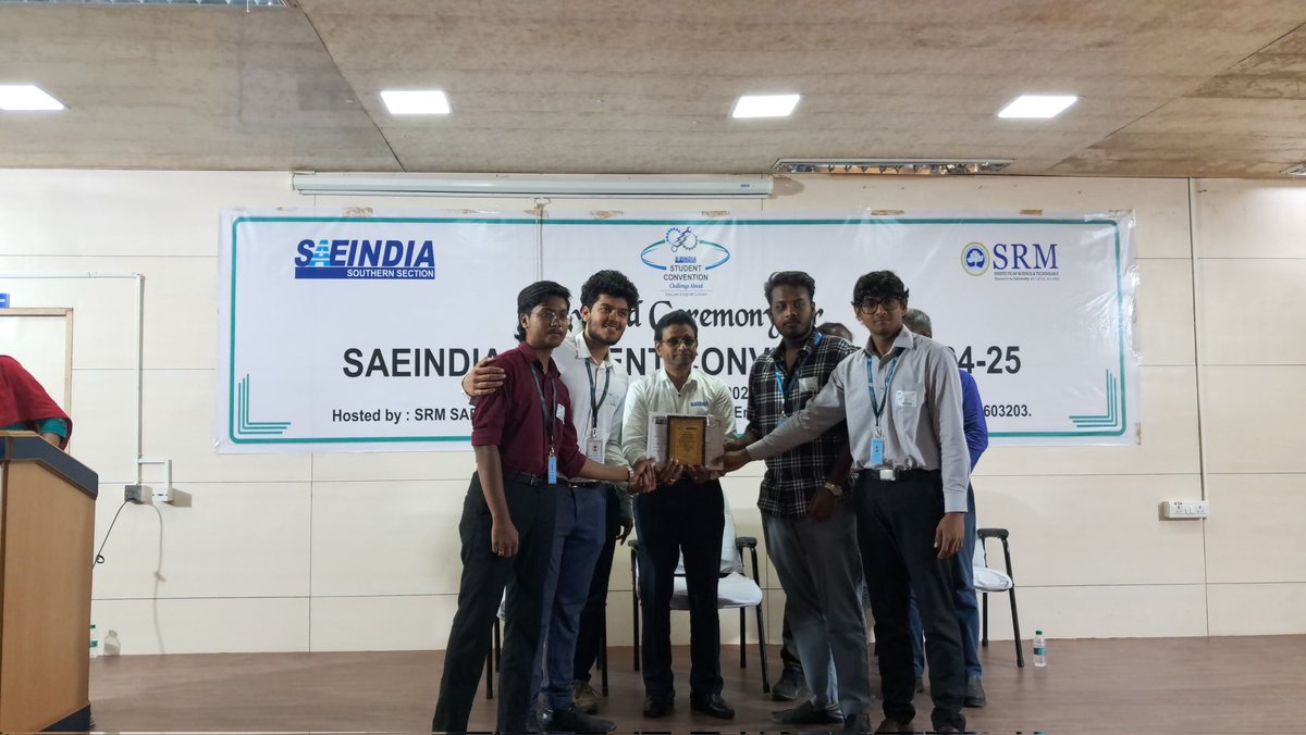 AutodeptHits's tweet image. Huge congratulations to the team for winning at the SAEISS Student Convention 2024–25 Award ceremony hosted by SRM IST! 🏆
Your hard work truly paid off—may this inspire many more to push their limits.

Well deserved and wishing you more milestones ahead! 🙌
#HITS #SAE #SAEISS