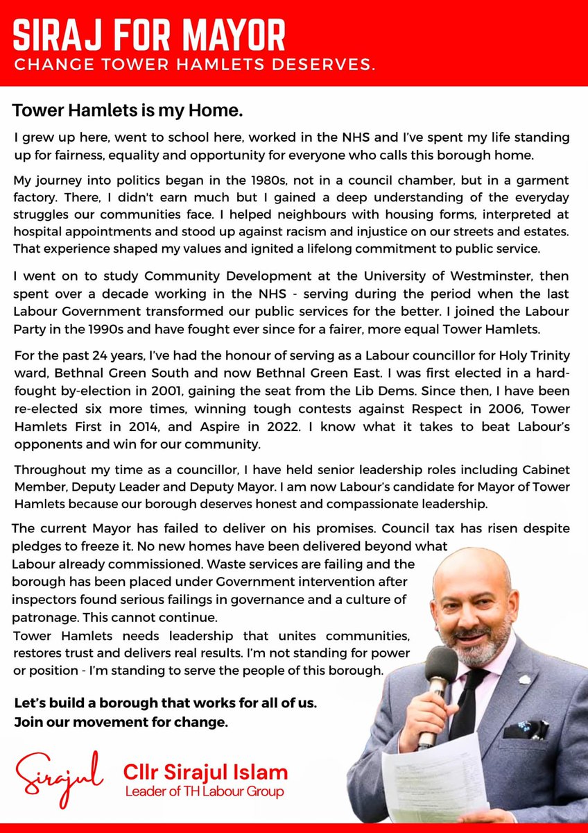 Deeply honoured to be selected as Labour’s candidate for Mayor of Tower Hamlets.

This borough made me who I am and I’m ready to give back. With your support, we’ll deliver honest, compassionate leadership that puts our communities first.

Join our movement for change. 🌹
