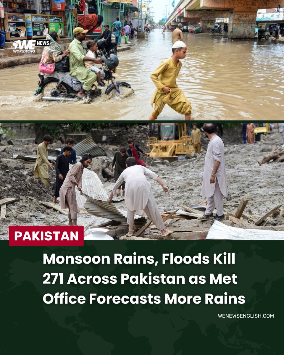 WENewsEnglish's tweet image. 🇵🇰 Monsoon rains may trigger more flash floods as Pakistan braces for new weather systems
Heavy downpours have killed 271 people and have injured over 650 since late June
Floods have damaged homes, bridges, livestock, and essential infrastructure nationwide
Authorities have…
