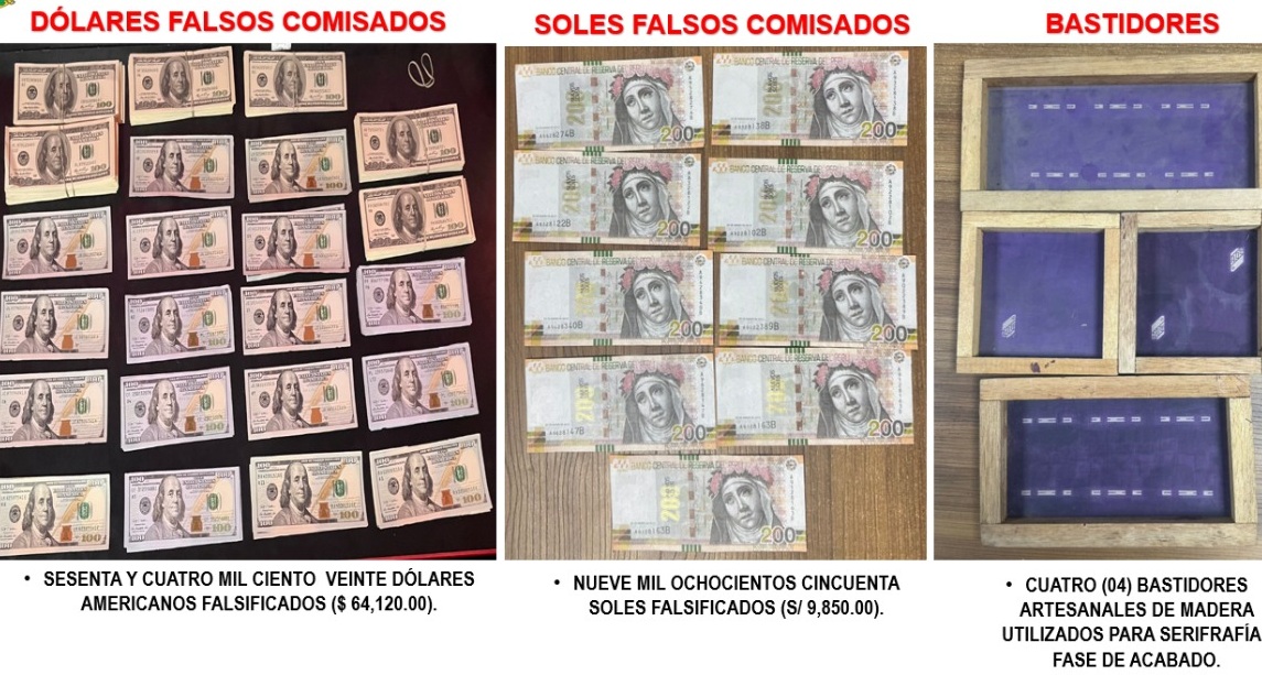PoliciaPeru's tweet image. 🚨 ¡Intervención en flagrancia!
Efectivos de la Dirincri PNP capturaron a dos sujetos, presuntos integrantes de la banda criminal “Los Falsarios del Este”, por falsificación de billetes nacionales y extranjeros. Se incautó $64 320 y S/9 850. #PolicíasEnAcción