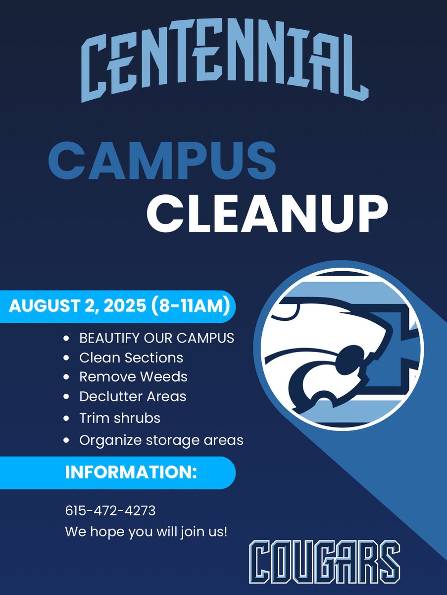 wcsCHS's tweet image. 🔵🔵ATTENTION Cougar Nation! 🔵🔵
YOU are personally invited!🤩
Please come help us beautify our campus next Saturday from 8-11!💙
#MotionOnMallory