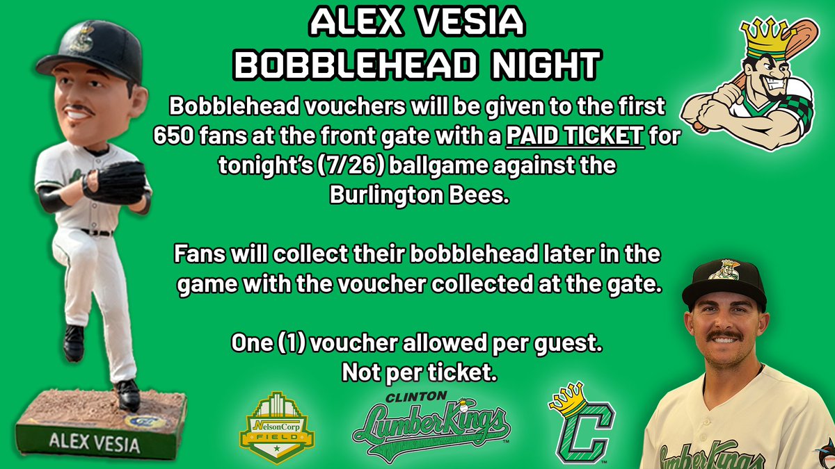 LumberKings's tweet image. 🚨ATTENTION FANS! 🚨
Please read the following carefully for tonight's bobblehead giveaway.
First 650 fans thru the front gate with a PAID TICKET to tonight’s (7/26) game vs. the Bees 🐝 get a bobblehead voucher 🧢⚾
📦 Redeem later during the game
🚨 1 per guest — NOT per ticket
