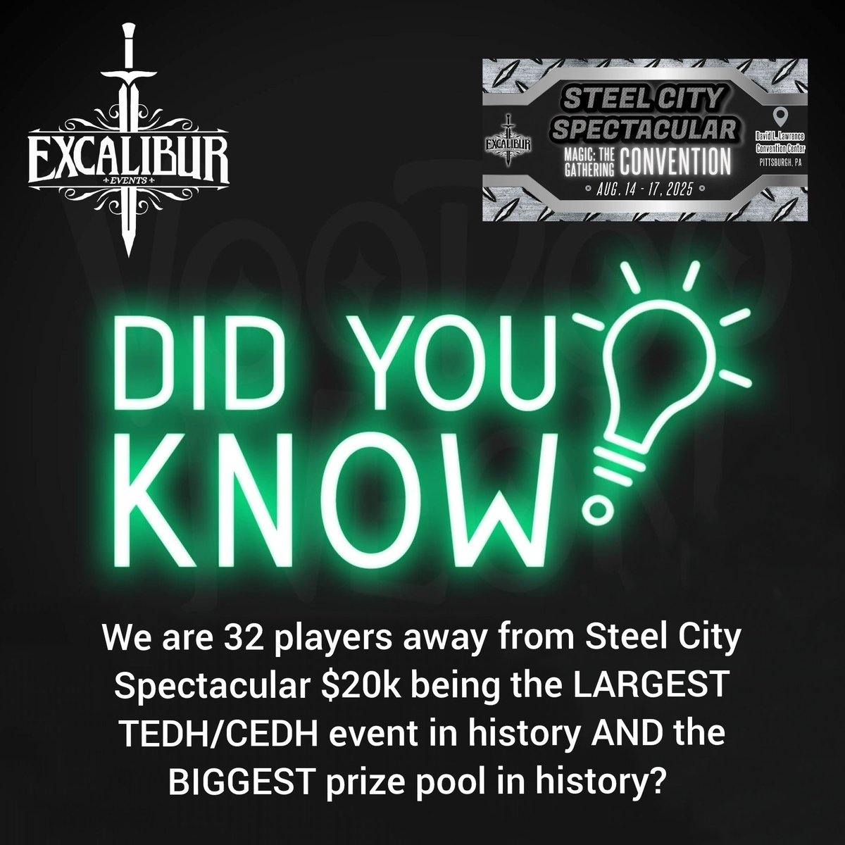 ExcaliburMTG's tweet image. And still have 3 weeks left to register!
Are you going to be part of history?
topdeck.gg/event/steel-ci…
Don't forget to check out all of the other awesome offerings over the FOUR DAYS of Magic here: excaliburevents.net
#mtg #magicthegathering #cedh #tedh #pittsburgh #20k…