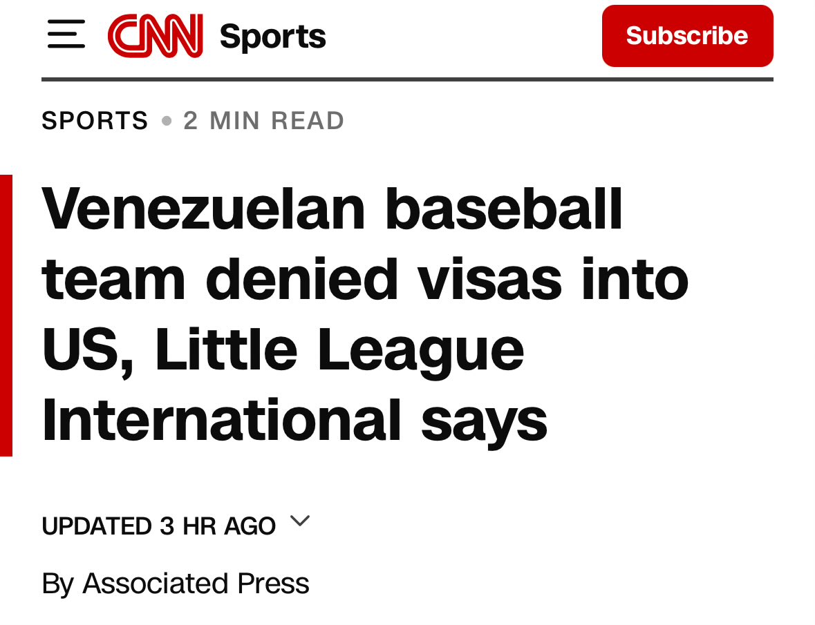 Wu Tang is for the Children (@wutangkids) on Twitter photo WOW…Trump and Rubio’s <a href="/StateDept/">Department of State</a> just denied visas to the Venezuelan Little League baseball team to play the Little League World Series….Olympics and World Cup MUST immediately change venues because this shithole country is not fit to host! cnn.com/2025/07/26/spo… WOW…Trump and Rubio’s <a href="/StateDept/">Department of State</a> just denied visas to the Venezuelan Little League baseball team to play the Little League World Series….Olympics and World Cup MUST immediately change venues because this shithole country is not fit to host! cnn.com/2025/07/26/spo…