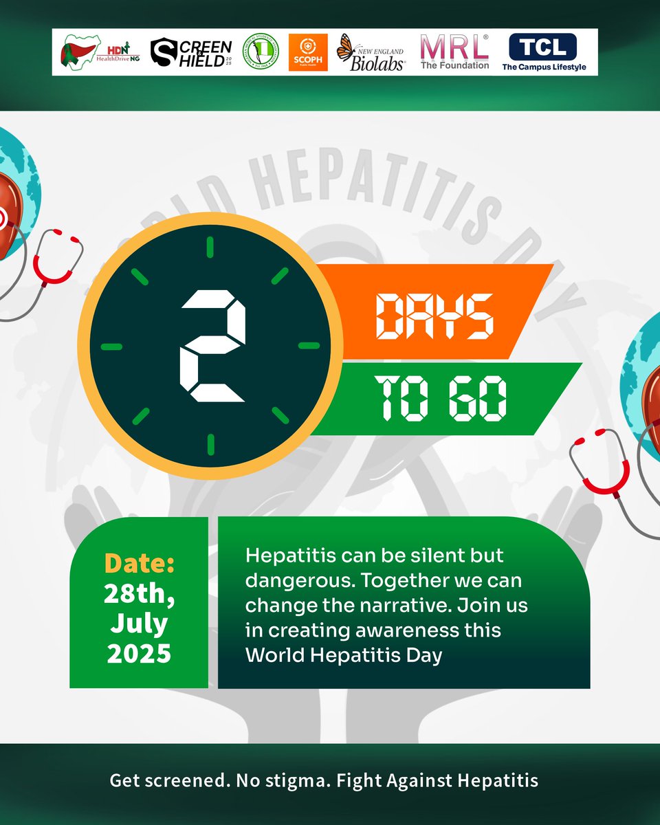 It’s 2 Days to World Hepatitis Day now🚀🚀

We’re closer than ever to driving change and we are taking the Hepatitis fight nationwide.

🔗Create your customised DP here to show your support for the #ScreenAndShield initiative : getdp.co/OVX