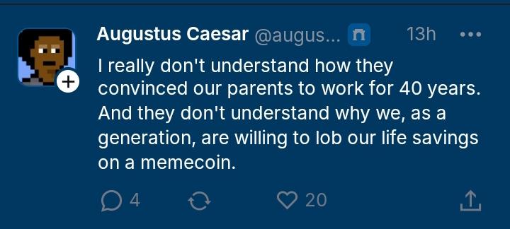 Web3_Maestro_'s tweet image. They worked 40 years for a pension.
You can launch an ⓐcoin from a tweet and get 106% APY.
Different eras. Same confusion.
$CLIZA
