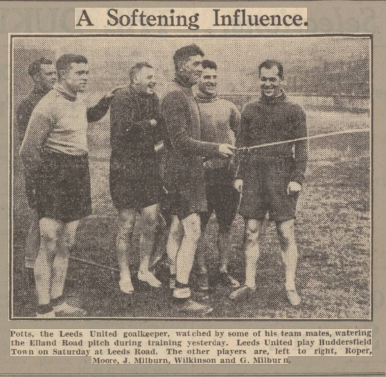 leeds_snippets's tweet image. Ashington born Potts, the Leeds United keeper watering the pitch ahead of the Huddersfield Town game. Leeds United lost 2-1 with Wainscoat scoring the Leeds goal. Potts, the brother-in-law of the Milburn brothers kept goal for Leeds for 262 games.