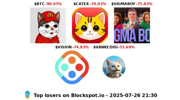 Blockspot_io's tweet image. Top losers today π:
1 Bobby The Cat -90.05% $BTC
2 CATEX -79.03% $CATEX
3 Sigma Boy -75.83% $SIGMABOY
4 VisionGame -74.83% $VISION
5 vankedisi -55.69% $VANKEDISI