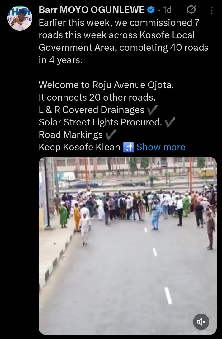Taiwo_Ajakaye (@dmightyangel) on Twitter photo Kosofe LGA Chairman <a href="/ogunlewemoyo/">Barr MOYO OGUNLEWE</a> boldly tweeted that his LGA commissioned 7 roads in one week and 40 roads in his own LGA within 4 years....Not State project o...
Do the Media platforms really care about a working Nigeria or they simply love what they profess to hate? Why are Kosofe LGA Chairman <a href="/ogunlewemoyo/">Barr MOYO OGUNLEWE</a> boldly tweeted that his LGA commissioned 7 roads in one week and 40 roads in his own LGA within 4 years....Not State project o...
Do the Media platforms really care about a working Nigeria or they simply love what they profess to hate? Why are