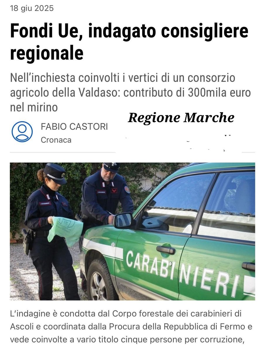Mauri05_2020's tweet image. Come mai c'è riserbo sul consigliere regionale Marche indagato per "tangenti e promesse di voto in cambio dell'attribuzione di fondi europei attraverso l'AGEA, Agenzia per le erogazioni in agricoltura?
Rispondi Acquaroli Presidente Fdi Regione Marche? È Forza Italia? Lega? PD?