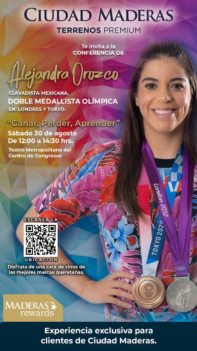 ¡Una experiencia que inspira! 💫
Cliente Maderas, te invitamos a la conferencia “Ganar, Perder, Aprender” con Alejandra Orozco, clavadista mexicana y doble medallista olímpica 🥈🥉.

Si estás al corriente de tus pagos, participa en nuestra dinámica; es super sencillo:
Ser cliente