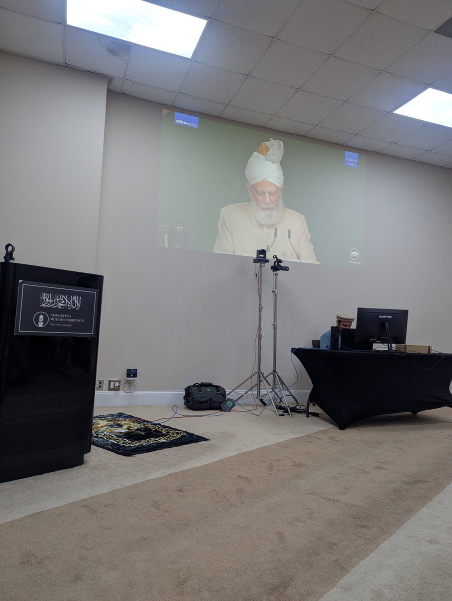Ahmadiyya_GEO's tweet photo. Georgia Jama’at had the honor of going live on @muslimtv today during the blessed session with Beloved Huzoor (aba) at #JalsaSalanaUK2025.

A humbling moment for our community to be in Huzoor’s virtual presence alongside millions of #Ahmadis worldwide.

@JalsaConnect @JalsaUK https://t.co/0WX2a3NiSQ