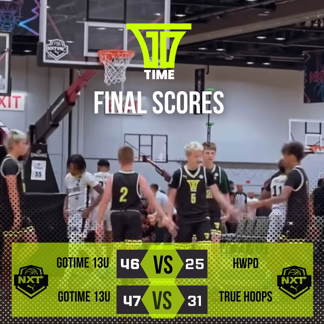 GoTimeBasketball (@gotimebb) on Twitter photo GoTime 13U is on to the championship bracket after going 2-0 in pool play with 46-25 & 47-31 wins over HWPO and True Hoops.
Time to lock in at 7pm ✅🏀
<a href="/NxtProHoops/">NXTPRO Hoops</a> <a href="/PUMAHoops/">PUMA Basketball</a> GoTime 13U is on to the championship bracket after going 2-0 in pool play with 46-25 & 47-31 wins over HWPO and True Hoops.
Time to lock in at 7pm ✅🏀
<a href="/NxtProHoops/">NXTPRO Hoops</a> <a href="/PUMAHoops/">PUMA Basketball</a>