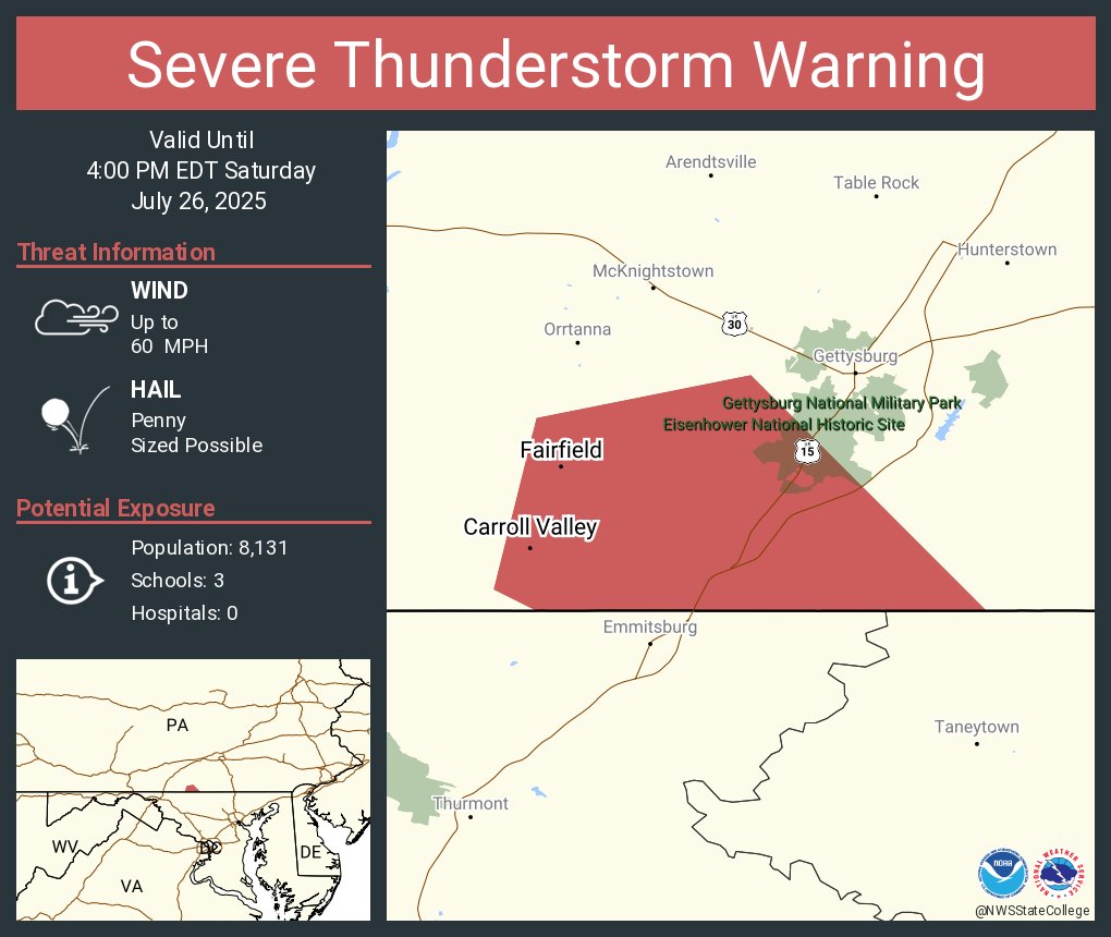 NWSStateCollege's tweet image. Severe Thunderstorm Warning including Carroll Valley PA and Fairfield PA until 4:00 PM EDT