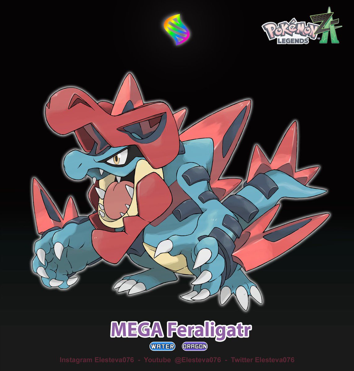 Today it's time for my version of 
MEGA FERALIGATR!!!💦
To learn more about this design, don't miss the video where I introduce it along with the other starters from Pkmn Legends

youtu.be/786Ei6g6rC0

And u? would you choose Feraligtr for your adventure in Pokemon Legends ZA?