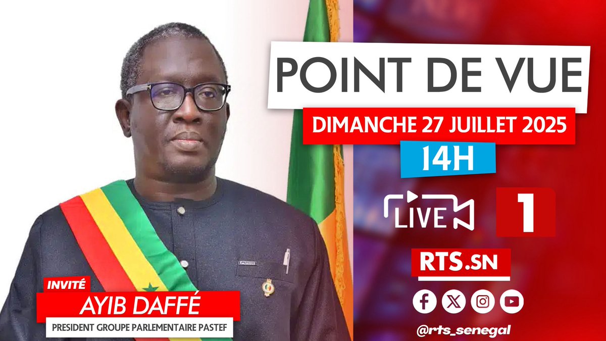RTS1_Senegal's tweet image. 📺POINT DE VUE
🕥 Dimanche 27 juillet à 14h
👤Invité : Ayib Daffé, Président groupe parlementaire PASTEF
À suivre sur la RTS et nos plateformes digitales.
