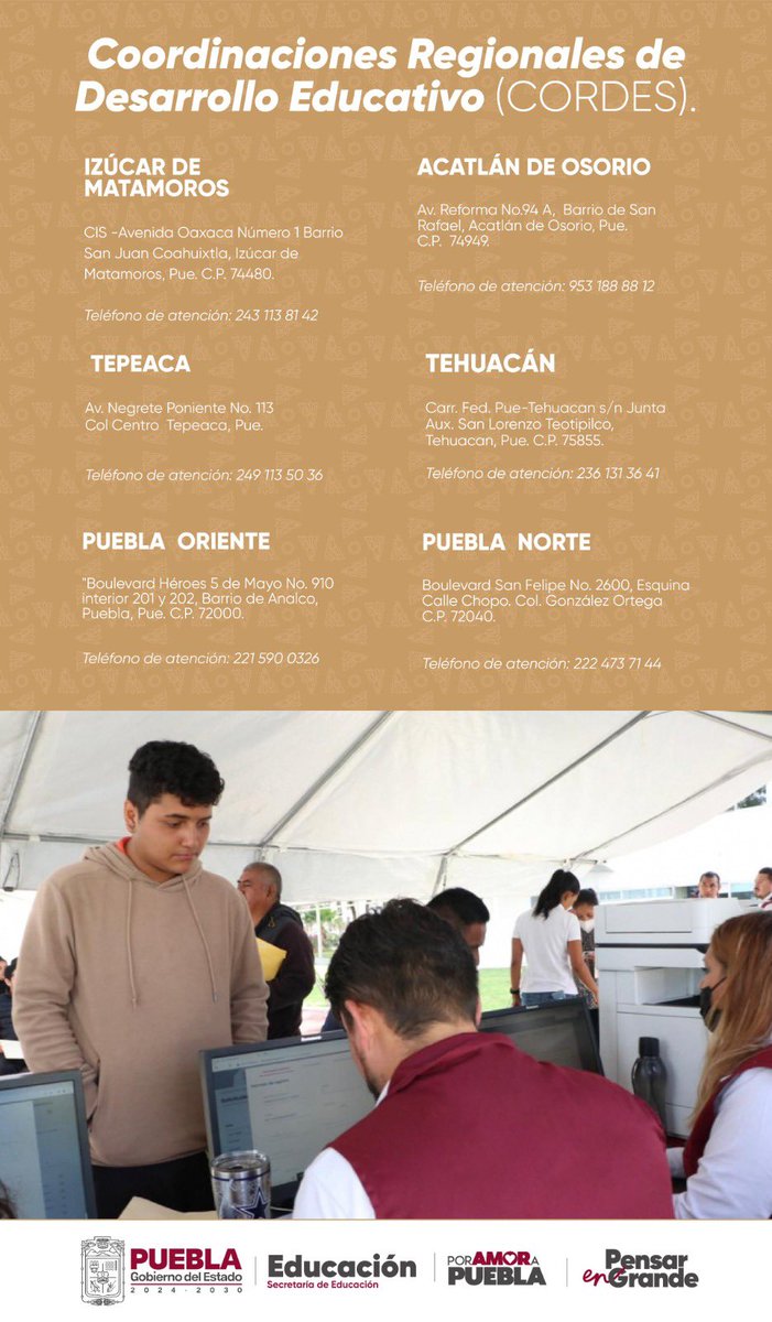Secretaría de Educación (@sepgobpue) on Twitter photo 🔍Te invitamos a conocer la ubicación de las 27 CORDES de Puebla.
📍 Las cuales están distribuidas estratégicamente en todo el estado, para acercar los servicios educativos a los poblanos.
En el <a href="/Gob_Puebla/">Gobierno de Puebla</a> seguimos la visión del gobernador <a href="/armentapuebla_/">Alejandro Armenta</a> de #PensarEnGrande 🔍Te invitamos a conocer la ubicación de las 27 CORDES de Puebla.
📍 Las cuales están distribuidas estratégicamente en todo el estado, para acercar los servicios educativos a los poblanos.
En el <a href="/Gob_Puebla/">Gobierno de Puebla</a> seguimos la visión del gobernador <a href="/armentapuebla_/">Alejandro Armenta</a> de #PensarEnGrande