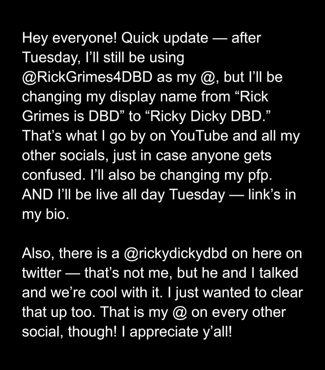 RickGrimes4DBD's tweet image. Quick message I wanted to share with you all! Now that Rick Grimes is officially my main survivor in DBD, I’ll be doing a soft rebrand of my page as I take the next step toward chasing my dream of becoming a DBD content creator. I hope you’ll stick with me on this next chapter 🤠